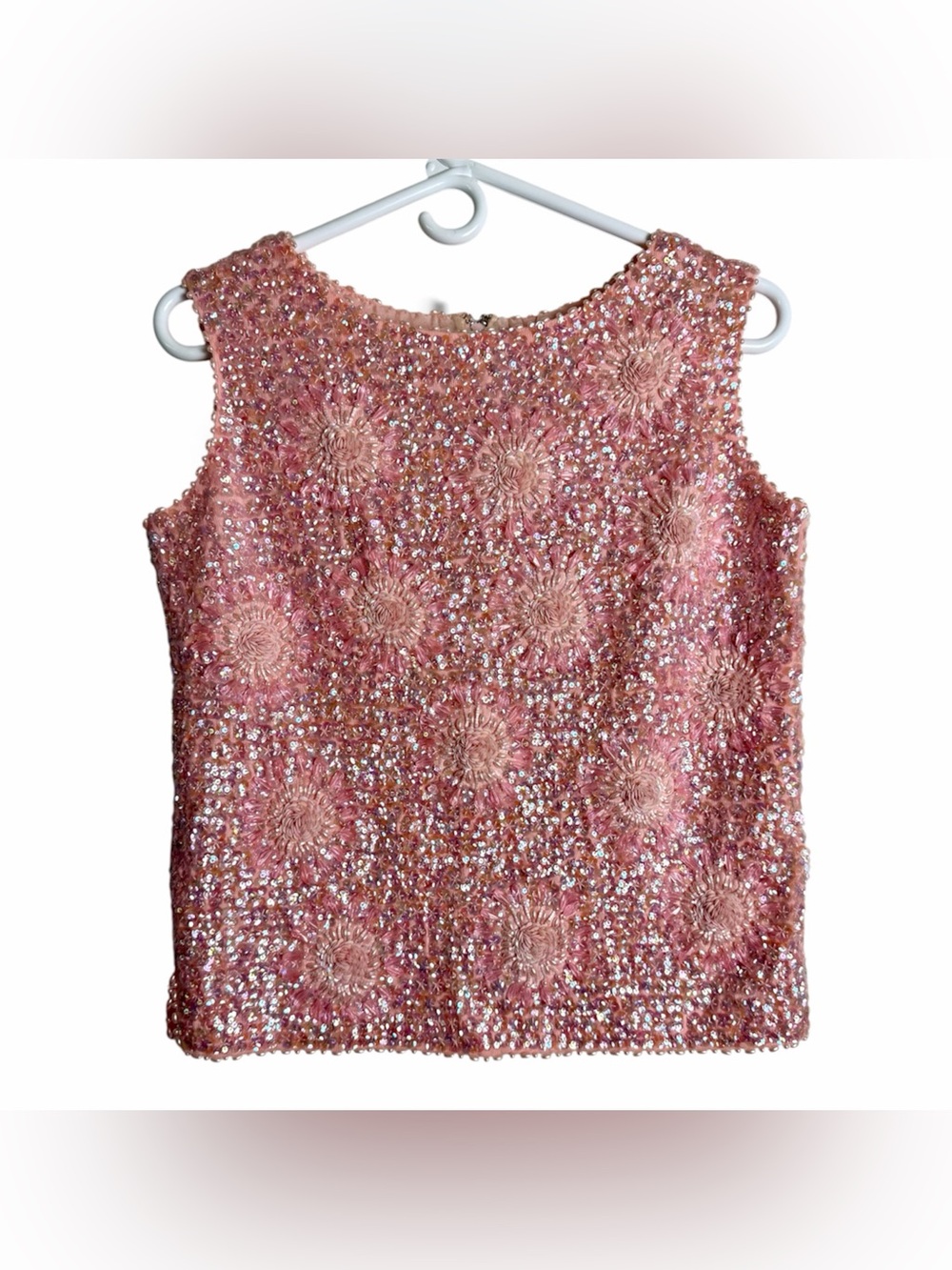 Vintage Beaded and Sequined Floral Sleeveless Blouse Pink Medium